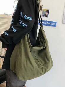 女士大容量水洗复古绿色帆布托特包，简约休闲百搭拉链开合单肩包，适合日常使用、学校、大学、旅行、街头风格，可折叠斜挎包 - 墨綠色 - 查看 5