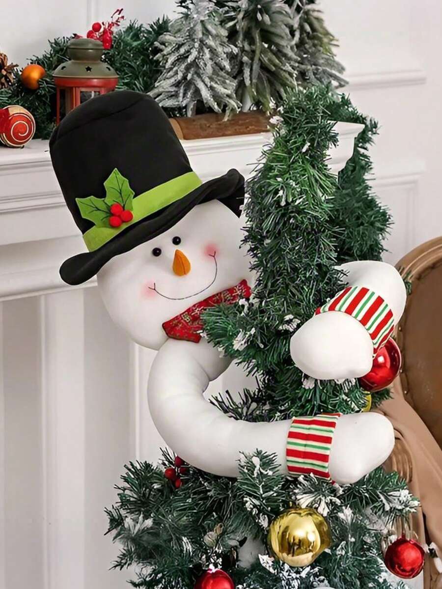Décorations de Noël - Bonhomme de neige sur le dessus de l'arbre de Noël - Décoration de Père Noël avec écharpe rayée rouge et blanche, accents de houx vert, ornements dorés pour la décoration de la maison et de la pièce pendant les fêtes