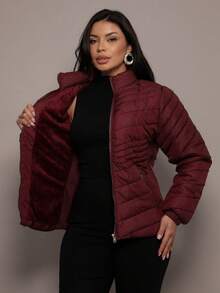 Women's Puffer Jacket Lined With Fur Without Hood Basic - Màu Tím - Xem 4