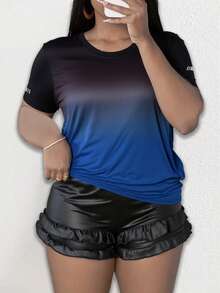 Women's Plus Size Short Sleeve Simple Gradient Round Neck T-Shirt, Suitable For Spring And Summer Sports - Blue - View 3