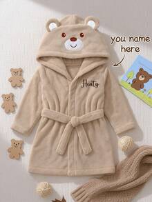 Personalized Embroidered Baby Animal Hooded Towel | Soft Plush Toddler Bathrobe Suitable For 12-24 Months, Newborn Photography Prop, Absorbent After Bath, Birthday Gift - Khaki Bear - View 5