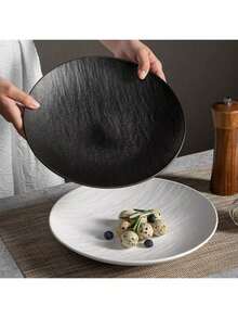 Japanese Style Stone Texture Black & White Ceramic Dinnerware, Wholesale Lightweight Luxury Flat Dish, Steak Plate For Home Use