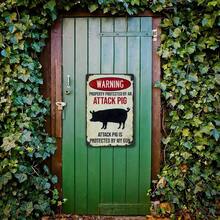Tin Metal Sign Warning Attack Pig Property Protected Gun Sign Mens Tin Sign Funny Graphic Tee BBQ Grill Master Farm Animal Lover Pig Owner Summer Casual Top Iron Artwork - Multicolor - View 3