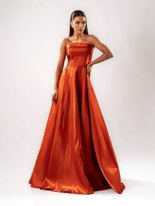 Women's Long Strapless Zibeline Dress Simple Elegant Party Satin Zipper Pocket Side Slit Godmother Civil Wedding Debutante Graduate Party Birthday Party Anniversary Party Graduation Party Formal And Evening Photoshoot Wedding Guest Prom - 紅陶 - 查看 3