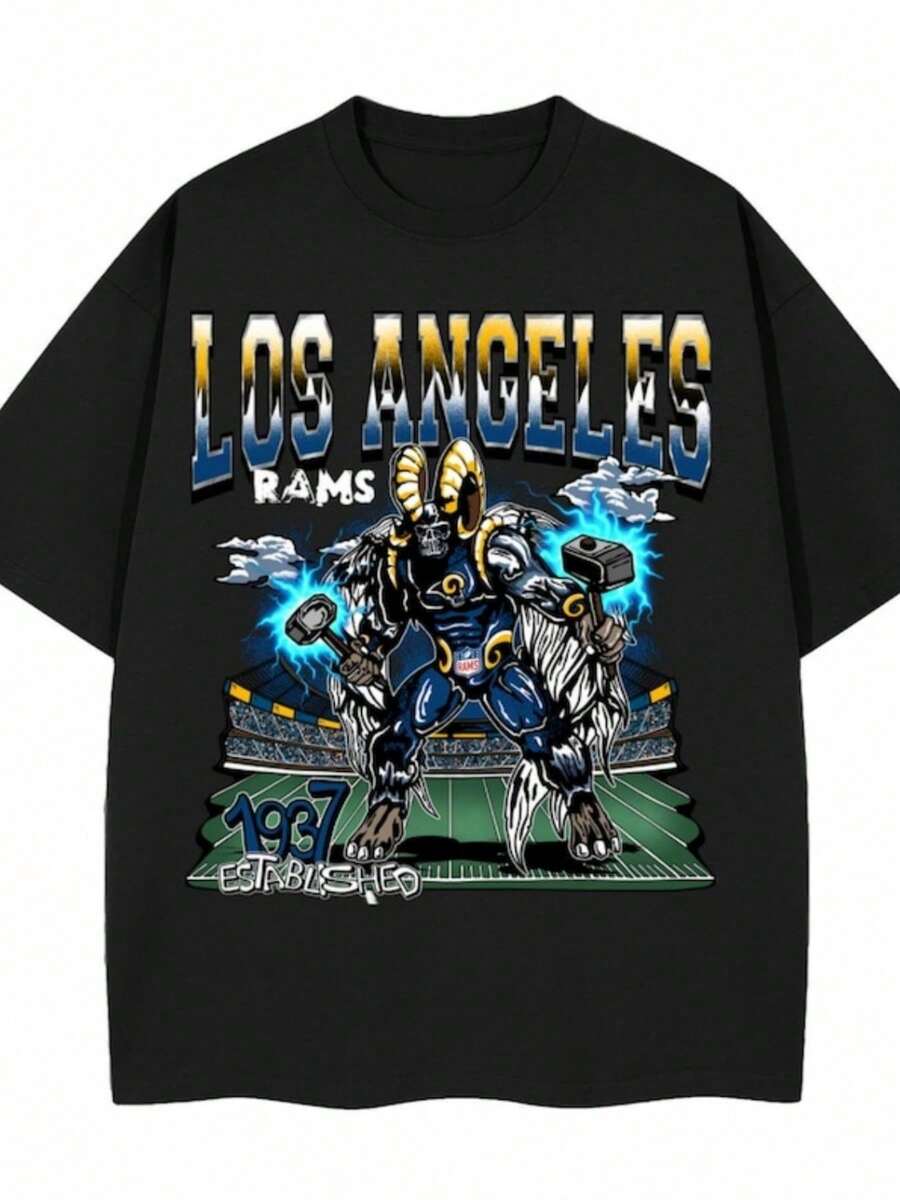 Los Angeles Rams Warren Lotus Inspired Graphic Tee Oversized 280 GSM Shirt Fan Apparel DTG Printed Streetwear T-Shirt - màu đen - Xem 1