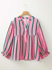 Plus Size Women Ruffle Sleeve V-Neck Random Striped Print Blouse Top, Autumn Spring - Green - View 2