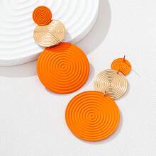 一对简约几何圆形金属三层蚊香耳环，独特设计，时尚耳环 - 橘色 - 查看 2