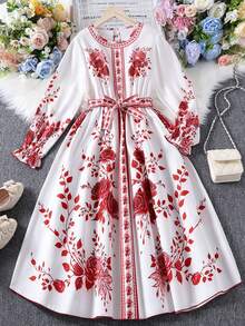 Tween Girls' Rose Embroidered Casual Dress, Autumn