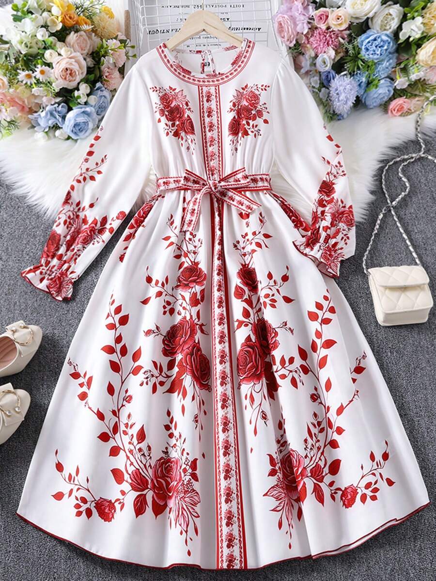 Tween Girls' Rose Embroidered Casual Dress, Autumn