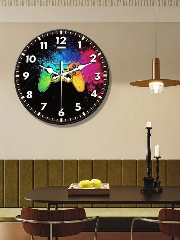 1 pièce Horloge murale silencieuse thème jeux vidéo de 10 pouces/12 pouces - Affichage numérique rond en bois, idéal pour la chambre, le salon, la décoration de bar, cadeau de fête parfait, horloge murale de chambre à coucher, décoration thème gaming, fonctionnement silencieux