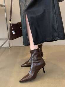 2025 新款法式尖头细跟修身踝靴，简约设计，通勤，秋冬，秋季，女士，性感，小猫跟鞋 - 棕色 - 查看 6