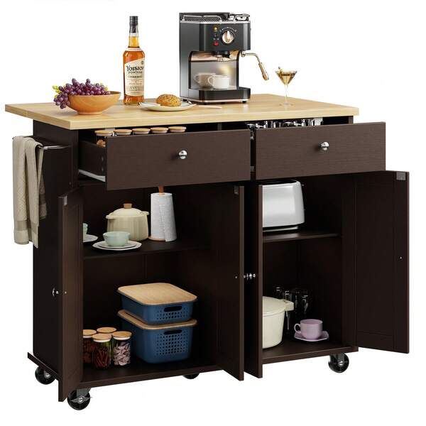 JAMFLY Kitchen Island With Drop Leaf, Rolling Kitchen Cart With Storage On Wheels, Table Bar Cart For Kitchen With Towel Rack & Seating Area For Dining Room
