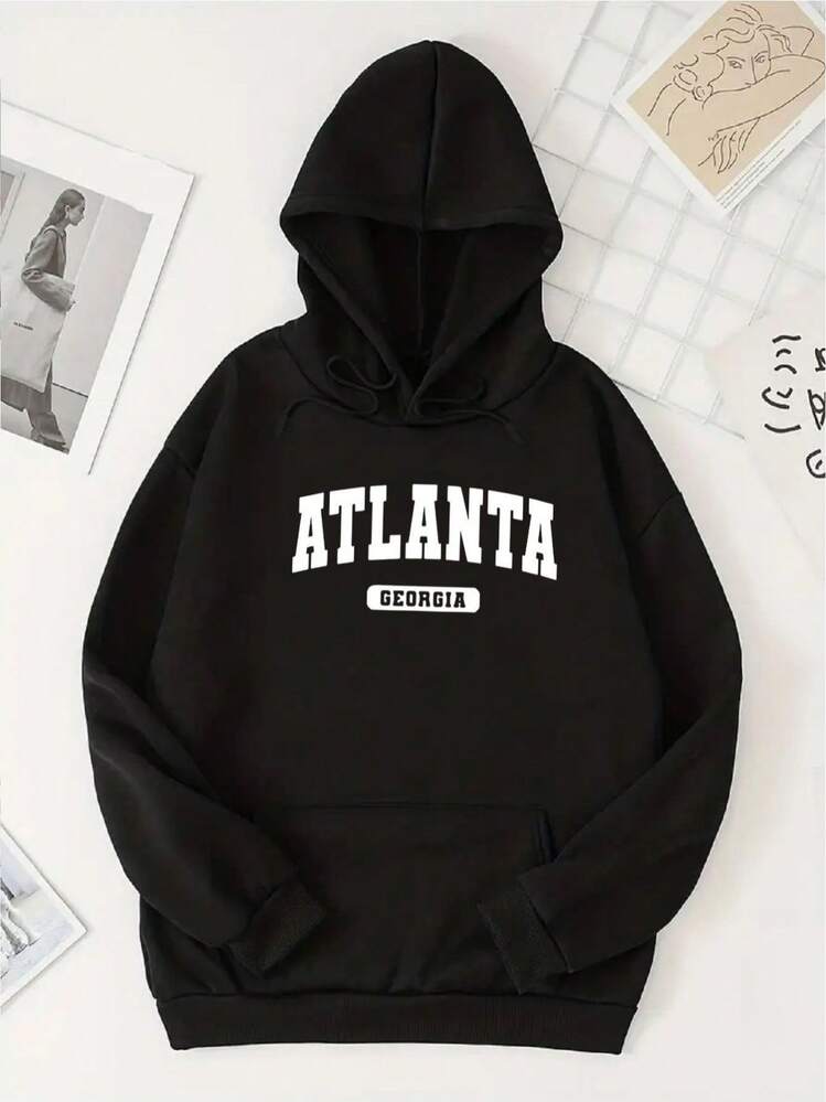 Men's Hooded Sweatshirt With Letter Print - Black - View 1