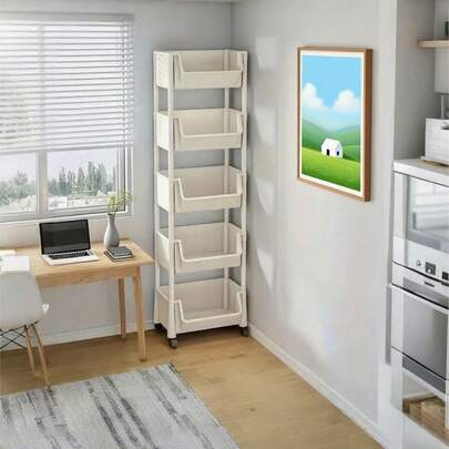 3/4/5层带轮多用途推车、紧凑实用的节省空间的5层收纳架、模块化可拆卸储物架、带轮子的滚动塑料储物车、多功能厨房和办公室用途、落地式带轮支架、滚动储物架、独立式简易家用多层收纳架、窄书架