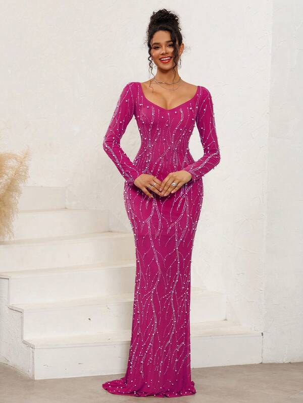 NIKBK Vestido de noche ajustado de cola larga con mangas largas, perlas y rhinestones en color rosa rojo