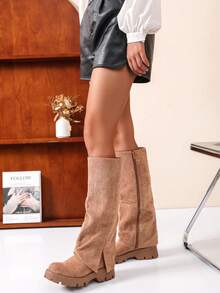 Fancy High Boots With Notched Sole And Pleated Upper - Camel - View 4