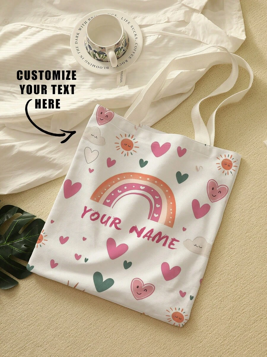1pc Custom Canvas Tote Bag, Personalized Photo/Name/Scenery/Illustration Print, , Lightweight Large Capacity Shoulder Handbag,Back To School Essential, Grocery Bag - Multicolor - View 1