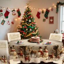 Conjunto de toalha de mesa e capa para cadeira com estampa digital decorativa de rena e boneco de neve, slogan de Natal, 1/4/5/6/35 peças - Toalha de mesa lavável e à prova de poeira para móveis internos, adequada para decoração de sala de jantar interna, reuniões familiares, presentes e festas de fim de ano