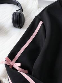 2pcs Girls Sweatshirt & Skirt Set, Fleece Crew Neck Pullover With Ribbon Bow + Skirt, Spring/Autumn