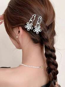 1件优雅街头风仿珍珠山茶花小发夹，小熊兔子水晶发饰，校园用品，仿珍珠发饰，派对造型 - 金色 - 查看 9