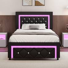 Twin/ Full/ Queen Size Bed Frame With LED Lights, Upholstered Platform Bed With Diamond Tufted Headboard, No Box Spring Needed, Noise Free, Easy Assembly, Black/ White/ Pink, Twin/ Full/ Queen - màu đen - Xem 12