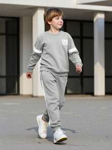 2pcs/Set Tween Boy Spring/Autumn Printed Sweatshirt And Pants Casual Outfit - Grey - View 2