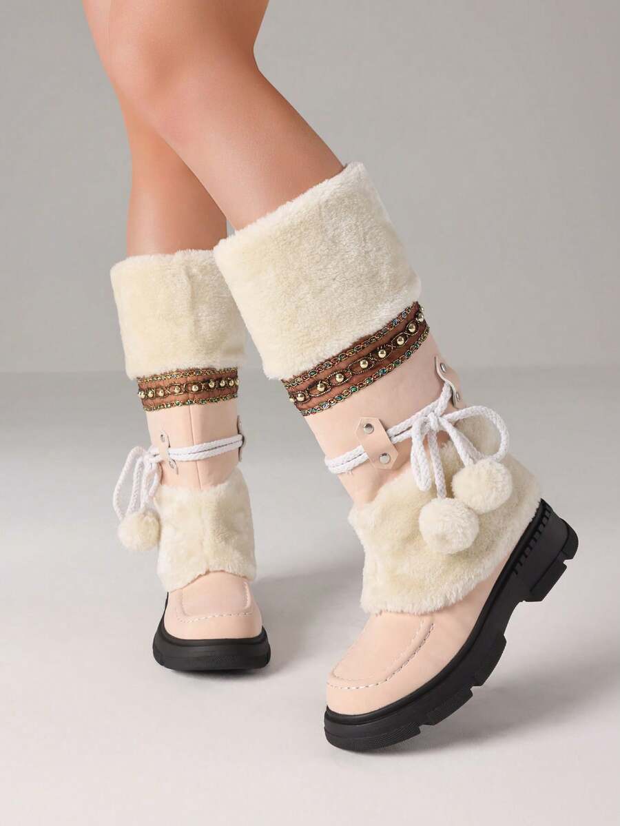 Women's Winter Furry Knee High Snow Boots Fashion Platform Chunky Heels Warm Faux Fur Lining Pull On Casual Comfy Boots Woman - 粉色 - 查看 1
