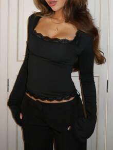 Y2k Flare Long Sleeve Crop Tops For Women Lace Trim Square Neck Low Cut Stretchy Blouses Sexy Slim Fit T Shirt Going Out Tops Party Clubwear Streetwear Spring Summer Fall Aesthetic Clothes - màu đen - Xem 2