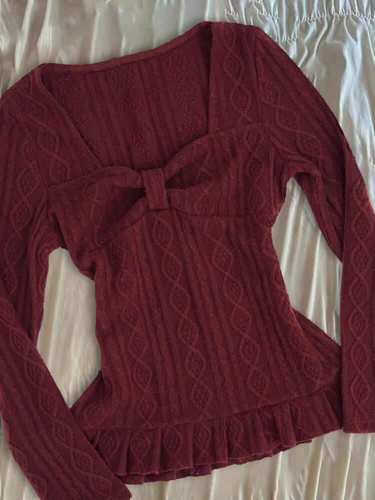 Y2K Retro Harajuku Aesthetic Women Criss-Cross Front Design Long Sleeve T-Shirt, Versatile Punk Fashion Casual Street Style Slim Fit Thin Knit Sweater, Autumn/Winter