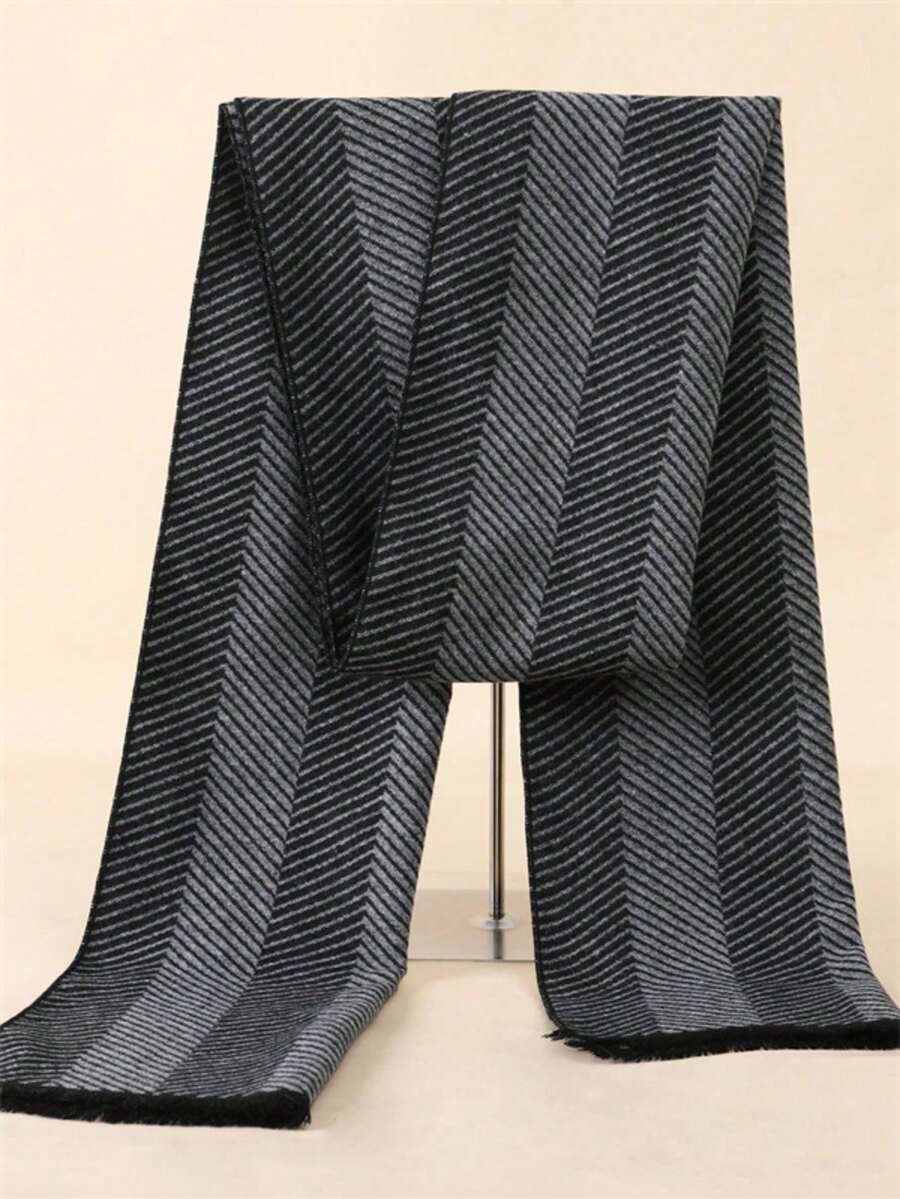 1 件经典条纹和格子印花保暖厚围巾，男女通用时尚休闲情侣围脖，适合日常穿着，秋冬 - 灰色 - 查看 1