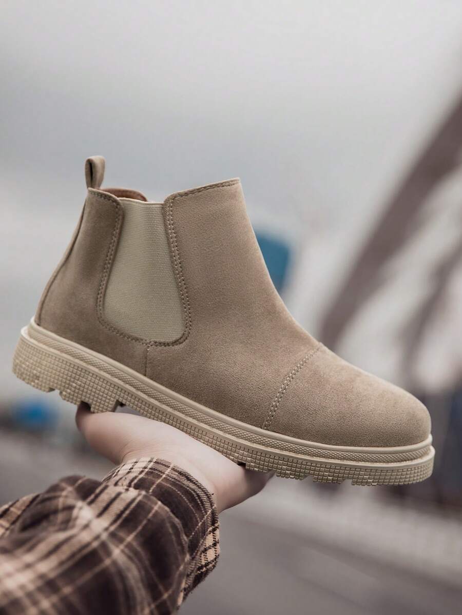 Men's Boots, Round Toe Lace-Up Thick Sole Low Heel PU Shoes, Fashion British Style Work Boots, Casual Men's Boots Suitable For Students, Middle-Aged, Outdoor, Hiking, Travel, Fashionable, Versatile Western Boots - Khaki - View 1