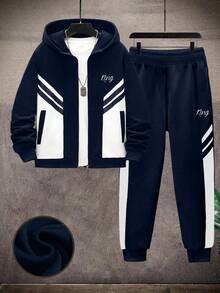 2pcs/Set Boys & Teens Contrast Color Print Hoodie Sweatshirt And Contrast Color Casual Sports Jogger Pants Set, Suitable For Spring, Autumn, Winter, Outdoor Play