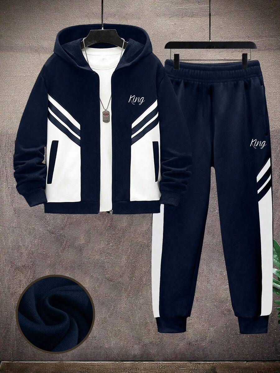 2pcs/Set Boys & Teens Contrast Color Print Hoodie Sweatshirt And Contrast Color Casual Sports Jogger Pants Set, Suitable For Spring, Autumn, Winter, Outdoor Play