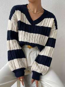 Women's Fall Two-Tone Cable Knit Drop Shoulder Long-Sleeve Sweater Top Clothing - Multicolor - View 7