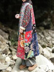 LUZU JUNU Women's Trench Coat Floral Print Long Cotton Linen Jacke Cottagecore Clothing Patchwork Outwear Bohemian Unique - 復古灰色毛絨襯裡 - 查看 5