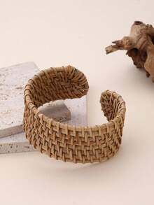 1pc Exaggerated Handmade Rattan Bangle With Stripe Effect, Large & Lightweight, Versatile Design Suitable For Women Holiday, Party And Daily Wear - Khaki - View 6