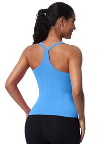 Athletic Tank Top For Women With Built In Bra, Sleeveless Gym Tops Seamless Racerback Workout Yoga Shirts - 藍色 - 查看 3