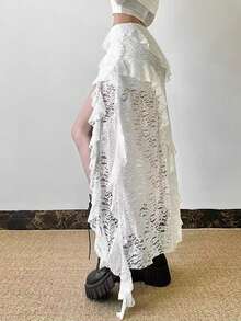 1 Peça Saia Assimétrica de Renda Retalhos com Babado Assimétrico na Barra, Roupas de Outono Preto e Branco para Mulheres - Multicolorido - Visão 4