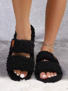 Soft, Comfortable Plush Open Toe Slippers, Minimalist Fashion Casual Style, Suitable For Living Room And Bedroom, All Season, Spring/Summer - Black - View 5