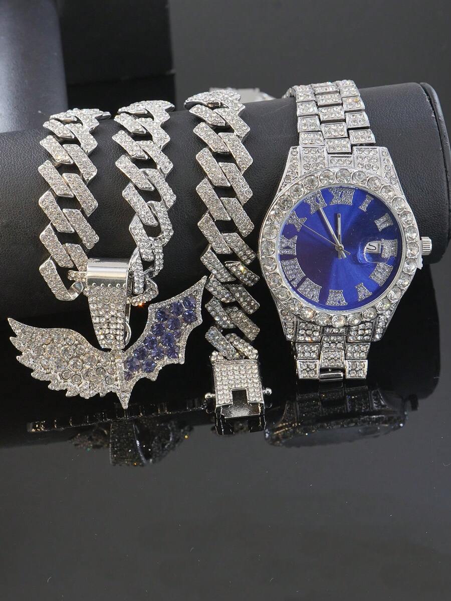 Conjunto de collar con colgante de alas de murciélago con diamantes y reloj de esfera azul con diamantes completos, joyería con cadena cubana con brillo para raperos y ropa urbana