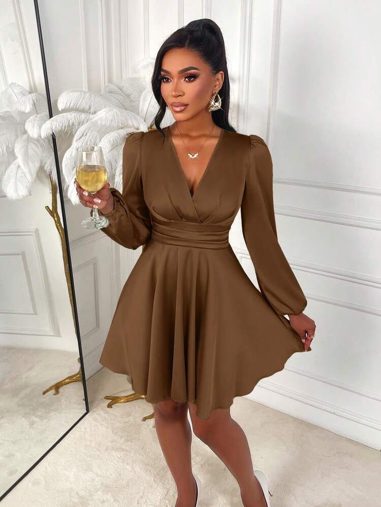 AIJ This Elegant Solid Color V-Neck Fitted A-Line Satin Shiny Mini Skirt With Puff Sleeves Is The Perfect Choice For Spring And Autumn Seasons. Suitable For Parties, Daily Commute, Christmas, New Year, Valentine's Day And Various Occasions. - Brown - View 3
