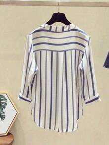 Women's Casual Comfortable Commuting Elegant Striped Pocket V-Neck Button-Down Shirt Summer Top - Purple - View 5