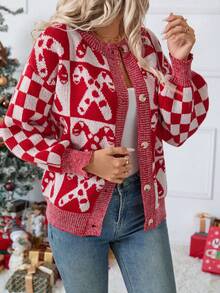 Autumn/Winter New Casual Chic Christmas Sweater Button Front Long Sleeve Cardigan Red Top Long Sleeve Going Out Top Thanksgiving For Women New Year Women's Party Daily Wear Date Festival Christmas - Red - View 4