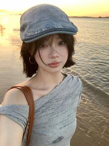 女士不对称肩短袖 T 恤，夏季独特设计短款时尚潮流上衣 - 灰色 - 查看 4