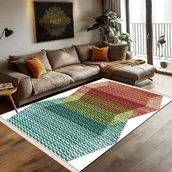 Tappeto stampato digitalmente con fondo antiscivolo a puntini e imbottitura in schiuma da 3 mm. Realizzato in 100% tessuto di poliestere durevole con eleganti nappe. Disponibile in varie misure. Perfetto per soggiorni, camere da letto, corridoi e uffici. Prodotto in Turchia.