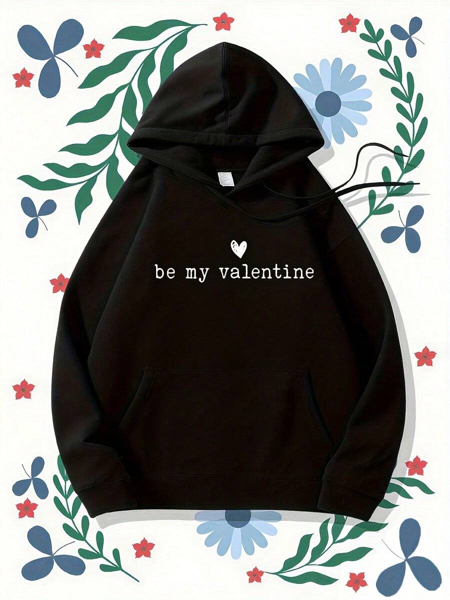 1pc "Be My Valentine" Heart - Accented Text Graphic Hoodie, 100% Polyester Fabric, Romantic Message Detail, Sweet Love - Inspired Style Top, Perfect For Valentine's Day Celebrations, Romantic Gatherings, Ideal For Year - Round Wear - 黑色27 - 查看 1