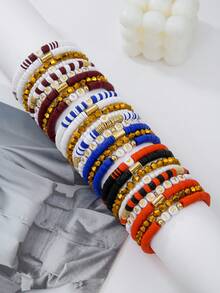 比赛日手链 女士足球手链 红黑蓝 聚合物粘土串珠弹力手链 可叠戴 运动足球手链 手镯 足球妈妈配饰 服装 珠宝礼品