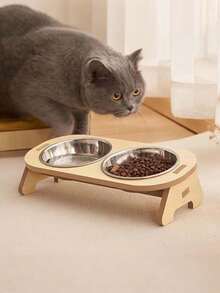 Small Pet Bowl With Stainless Steel Pet Stand, Non-Slip Wooden Frame, Tilted Single/Dual Pet Bowls, Anti-Tipping Anti-Vomiting, Easy Assembly. Cat Supplies, Dog Supplies, Dog Bowls, Cat Bowls, Dog Accessories, Cat Accessories, Suitable For Small And Medium Dogs And Cats.