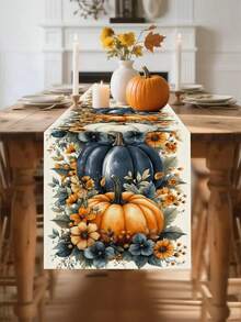 1pc Line Autumn Table Runner - Vibrant Fall Design With Orange, Blue, And White Pumpkins, Daisies, And Leaves - Perfect For Thanksgiving Kitchen Or Dining Room Decor 13x35.4/47.2/63/72/78.7 Inches