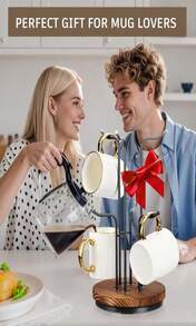 HULISEN 360° Rotating Mug Tree For Large Cups, Counter Coffee Mug Holder With 6 Hooks, Metal Coffee Cup Rack Stand For Countertop With Stable Wooden Base, Kitchen Counter Decor